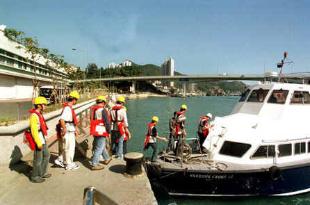 Boarding a boat to start marine enumeration.