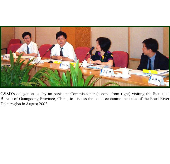 C&SD’s delegation led by an Assistant Commissioner (second from right) visiting the Statistical Bureau of Guangdong Province, China, to discuss the socio-economic statistics of the Pearl River Delta region in August 2002.