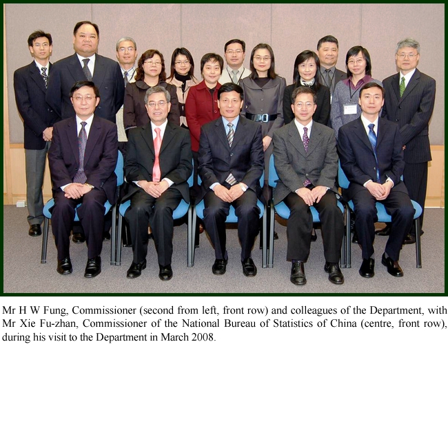 Mr H W Fung, Commissioner (second from left, front row) and colleagues of the Department, with Mr Xie Fu-zhan, Commissioner of the National Bureau of Statistics of China (centre, front row), during his visit to the Department in March 2008.