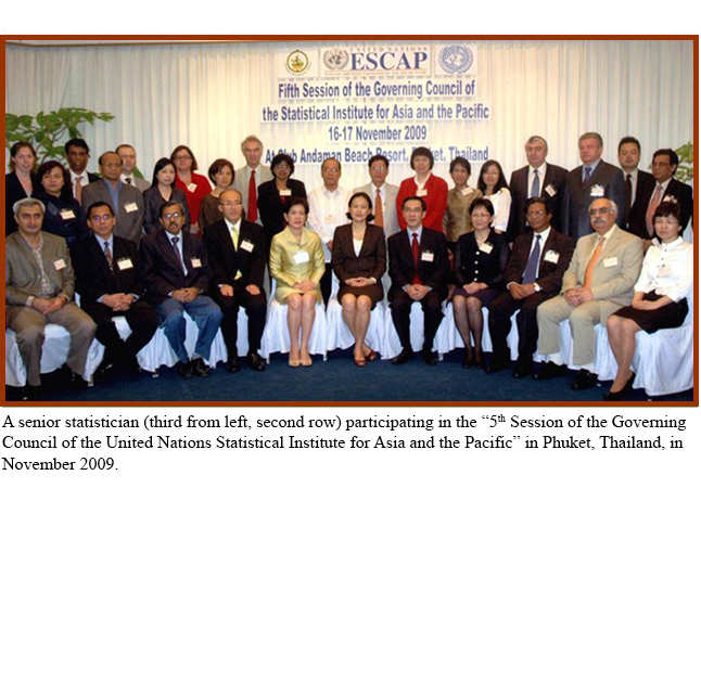 A senior statistician (third from left, second row) participating in the “5th Session of the Governing Council of the United Nations Statistical Institute for Asia and the Pacific” in Phuket, Thailand, in November 2009.