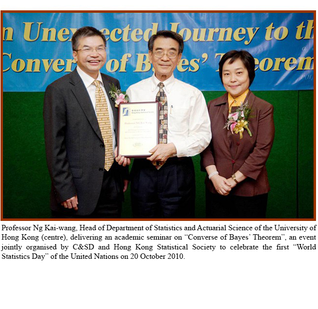 Professor Ng Kai-wang, Head of Department of Statistics and Actuarial Science of the University of Hong Kong (centre), delivering an academic seminar on “Converse of Bayes’ Theorem”, an event jointly organised by C&SD and Hong Kong Statistical Society to celebrate the first “World Statistics Day” of the United Nations on 20 October 2010.