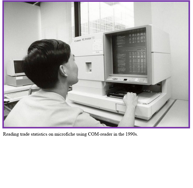 Reading trade statistics on microfiche using COM-reader in the 1990s.