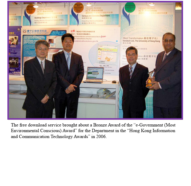 The free download service brought about a Bronze Award of the “e-Government (Most Environmental Conscious) Award” for the Department in the “Hong Kong Information and Communication Technology Awards” in 2006.