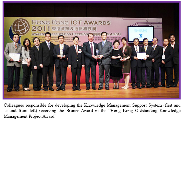 Colleagues responsible for developing the Knowledge Management Support System (first and second from left) receiving the Bronze Award in the “Hong Kong Outstanding Knowledge Management Project Award”.