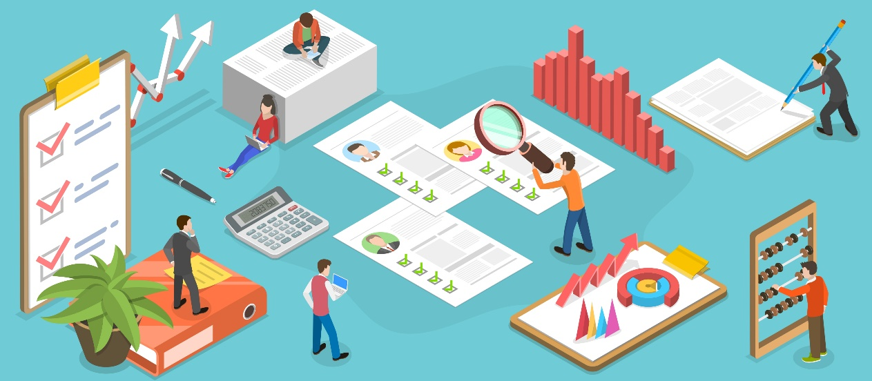 概念性插圖，描繪人們分析資料與文件，呈現人口普查相關活動。