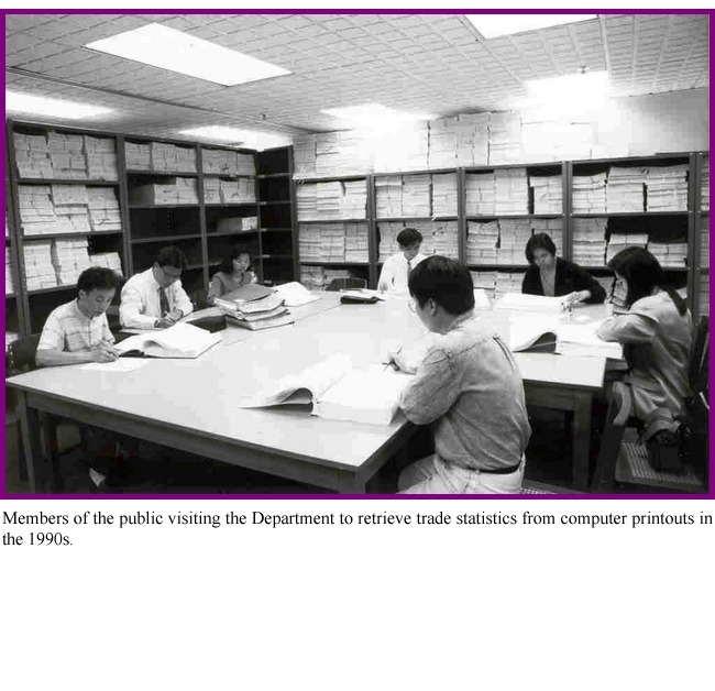Members of the public visiting the Department to retrieve trade statistics from computer printouts in the 1990s.