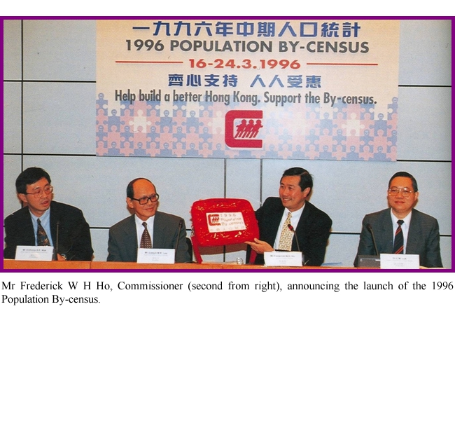 Mr Frederick W H Ho, Commissioner (second from right), announcing the launch of the 1996 Population By-census.