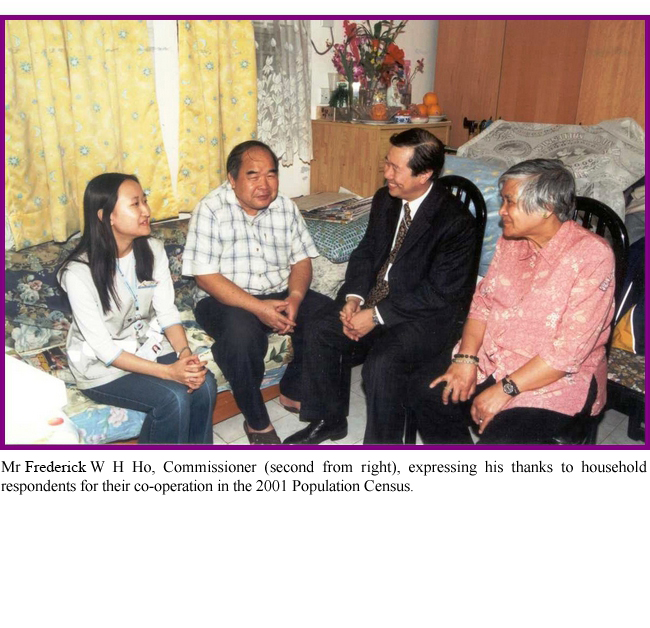 Mr Frederick W H Ho, Commissioner (second from right), expressing his thanks to household respondents for their co-operation in the 2001 Population Census.