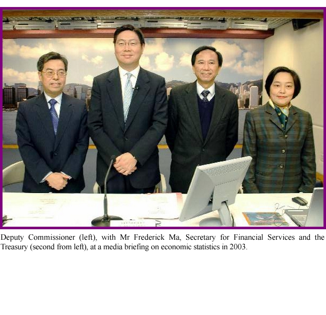 Deputy Commissioner (left), with Mr Frederick Ma, Secretary for Financial Services and the Treasury (second from left), at a media briefing on economic statistics in 2003.