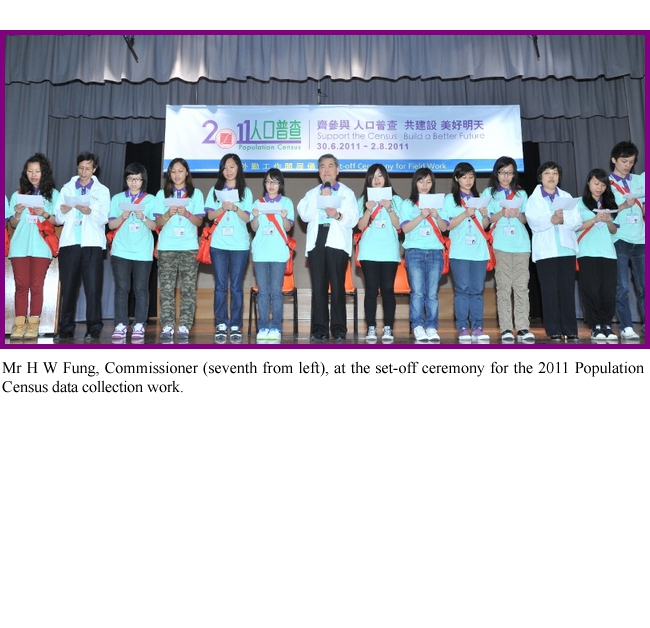 Mr H W Fung, Commissioner (seventh from left), at the set-off ceremony for the 2011 Population Census data collection work.