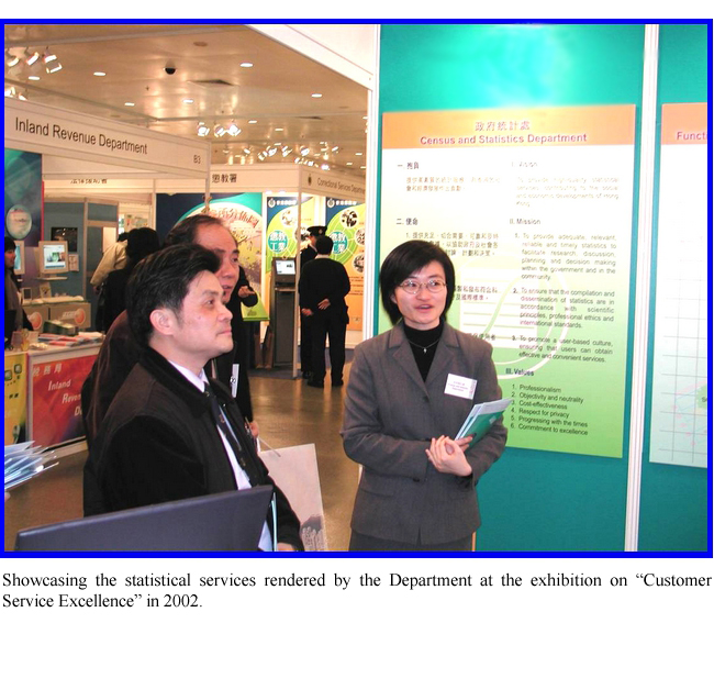 Showcasing the statistical services rendered by the Department at the exhibition on gCustomer Service Excellenceh in 2002.