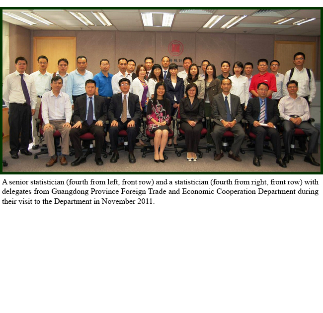 A senior statistician (centre, front row) and a statistician (fourth from right, front row) with delegates from Guangdong Province Foreign Trade and Economic Cooperation Department during their visit to the Department in November 2011.