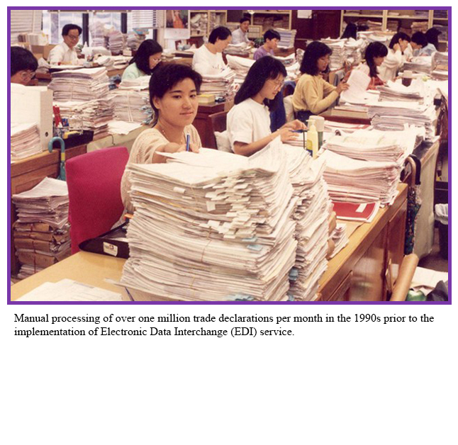 Manual processing of over one million trade declarations per month in the 1990s prior to the implementation of Electronic Data Interchange (EDI) service.