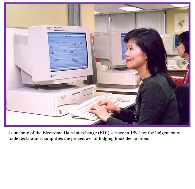 Launching of the Electronic Data Interchange (EDI) service in 1997 for the lodgement of trade declarations simplifies the procedures of lodging trade declarations.