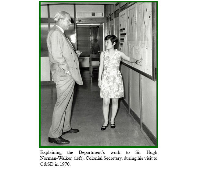 Explaining the Department's work to Sir Hugh Norman-Walker (left), Colonial Secretary, during his visit to C&SD in 1970.
