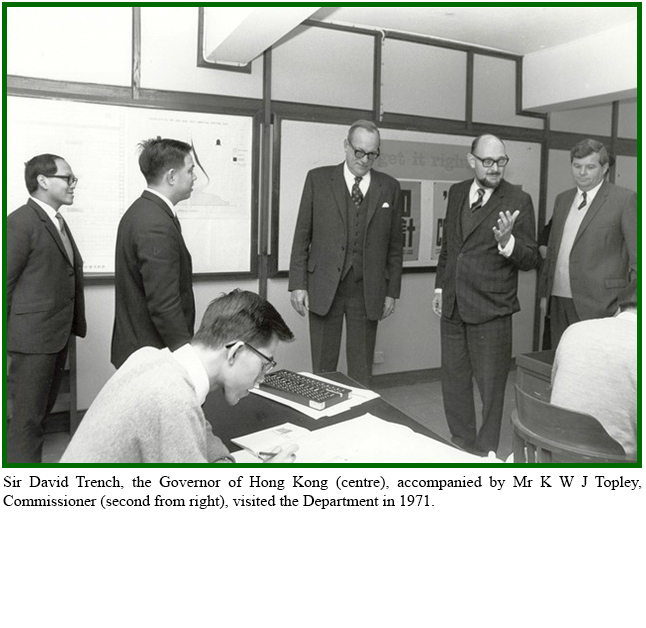 Sir David Trench, the Governor of Hong Kong (centre), accompanied by Mr K W J Topley, Commissioner (second from right), visited the Department in 1971.
