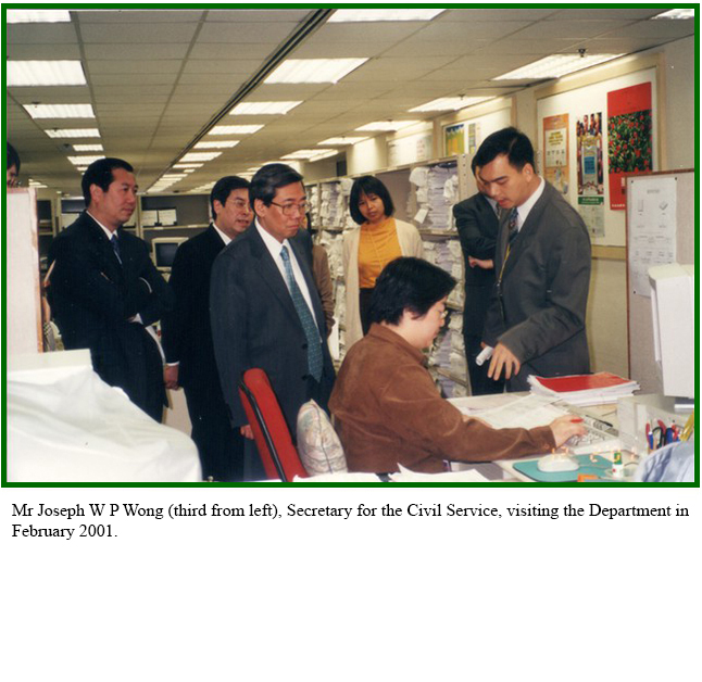Mr Joseph W P Wong (third from left), Secretary for the Civil Service, visiting the Department in February 2001.