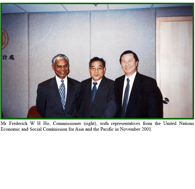Mr Frederick W H Ho, Commissioner (right), with representatives from the United Nations Economic and Social Commission for Asia and the Pacific in November 2001.