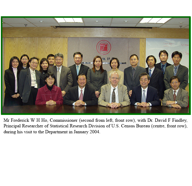 Mr Frederick W H Ho, Commissioner (second from left, front row), with Dr. David F Findley, Principal Researcher of Statistical Research Division of U.S. Census Bureau (centre, front row), during his visit to the Department in January 2004.