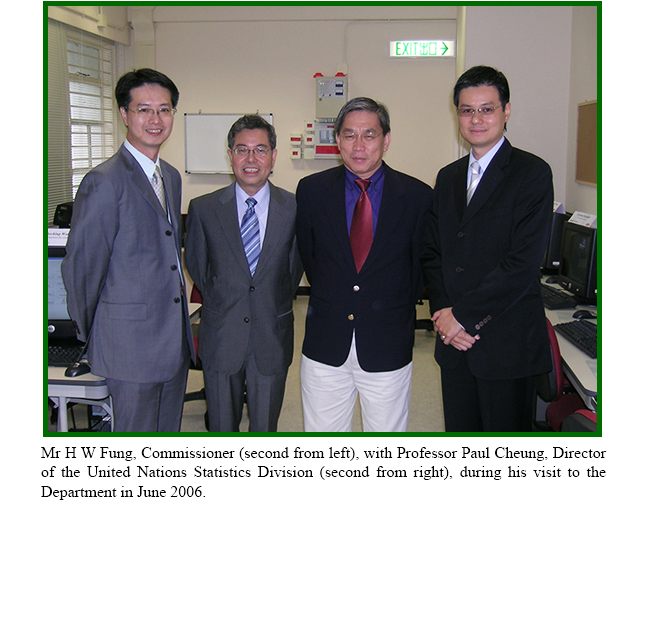 Mr H W Fung, Commissioner (second from left), with Professor Paul Cheung, Director of the United Nations Statistics Division (second from right), during his visit to the Department in June 2006.