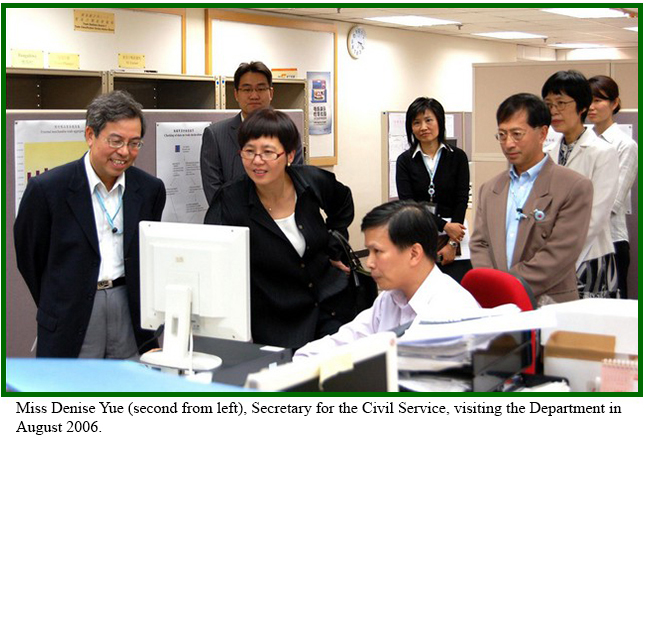 Miss Denise Yue (second from left), Secretary for the Civil Service, visiting the Department in August 2006.