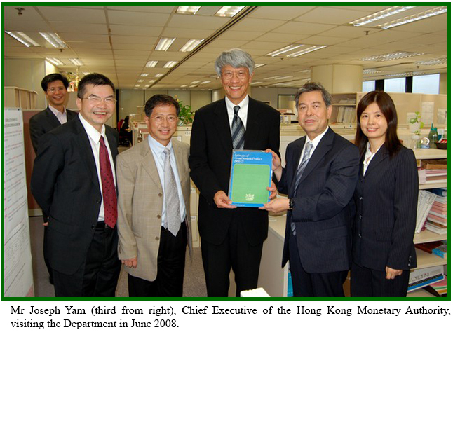 Mr Joseph Yam (third from right), Chief Executive of the Hong Kong Monetary Authority, visiting the Department in June 2008.