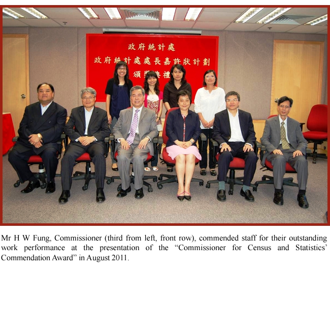 Mr H W Fung, Commissioner (third from left, front row), commended staff for their outstanding work performance at the presentation of the “Commissioner for Census and Statistics’ Commendation Award” in August 2011.
