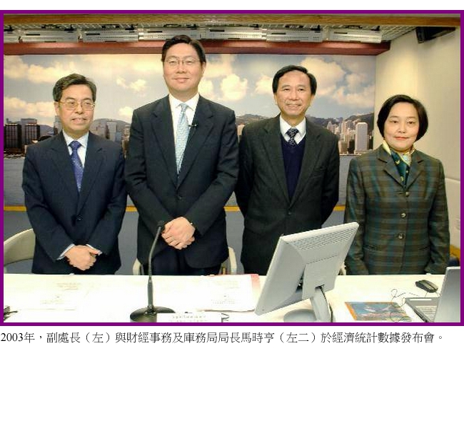 2003年，副處長（左）與財經事務及庫務局局長馬時亨（左二）於經濟統計數據發布會。