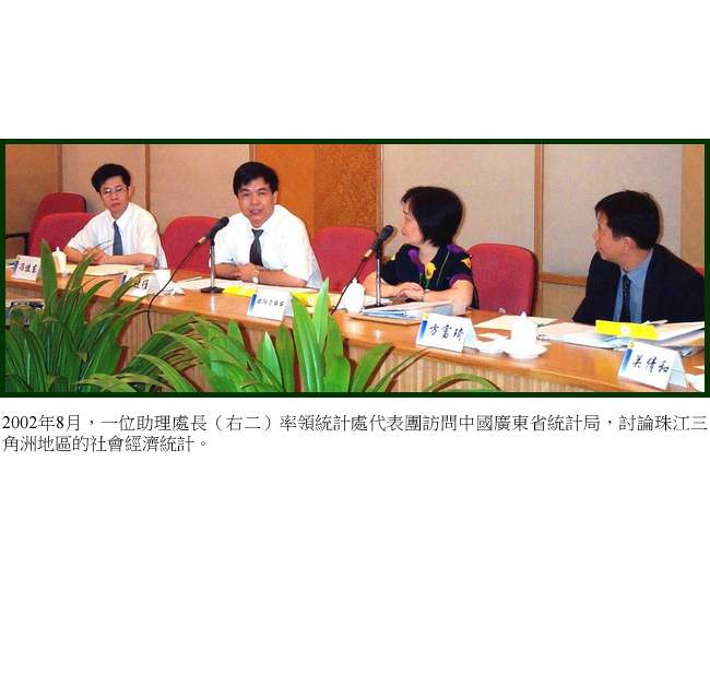 2002年8月，一位助理處長（右二）率領統計處代表團訪問中國廣東省統計局，討論珠江三角洲地區的社會經濟統計。