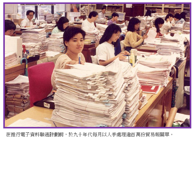在推行電子資料聯通計劃前，於九十年代每月以人手處理逾百萬份貿易報關單。