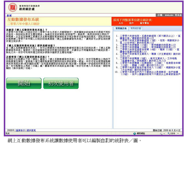 網上互動數據發布系統讓數據使用者可以編製自訂的統計表／圖。