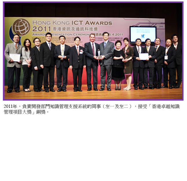 2011年，負責開發部門知識管理支援系統的同事（左一及左二），接受「香港卓越知識管理項目大獎」銅獎。
