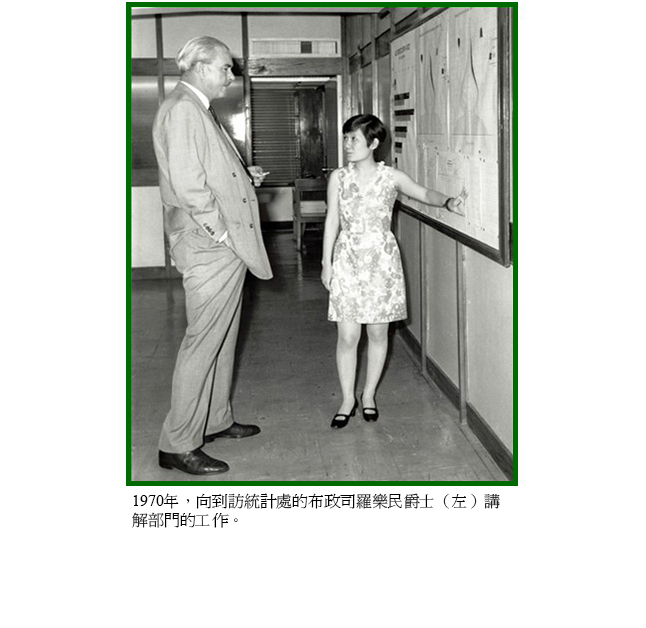 1970年，向到訪統計處的布政司羅樂民爵士（左）講解部門的工作。