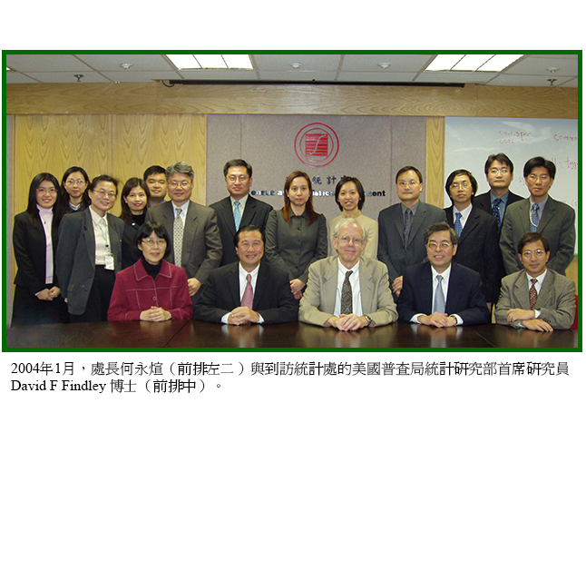2004年1月，處長何永煊（前排左二）與到訪統計處的美國普查局統計研究部首席研究員David F Findley 博士（前排中）。