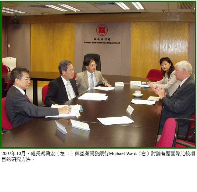 2007年10月，處長馮興宏（左二）與亞洲開發銀行Michael Ward（右）討論有關國際比較項目的研究方法。